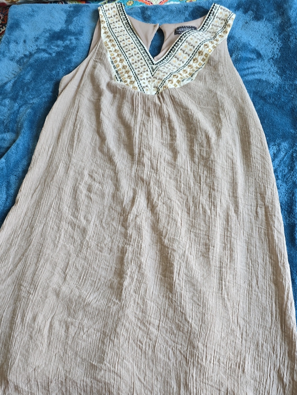 Luxology Beige Sleeveless Embroidered V-Neck Dress